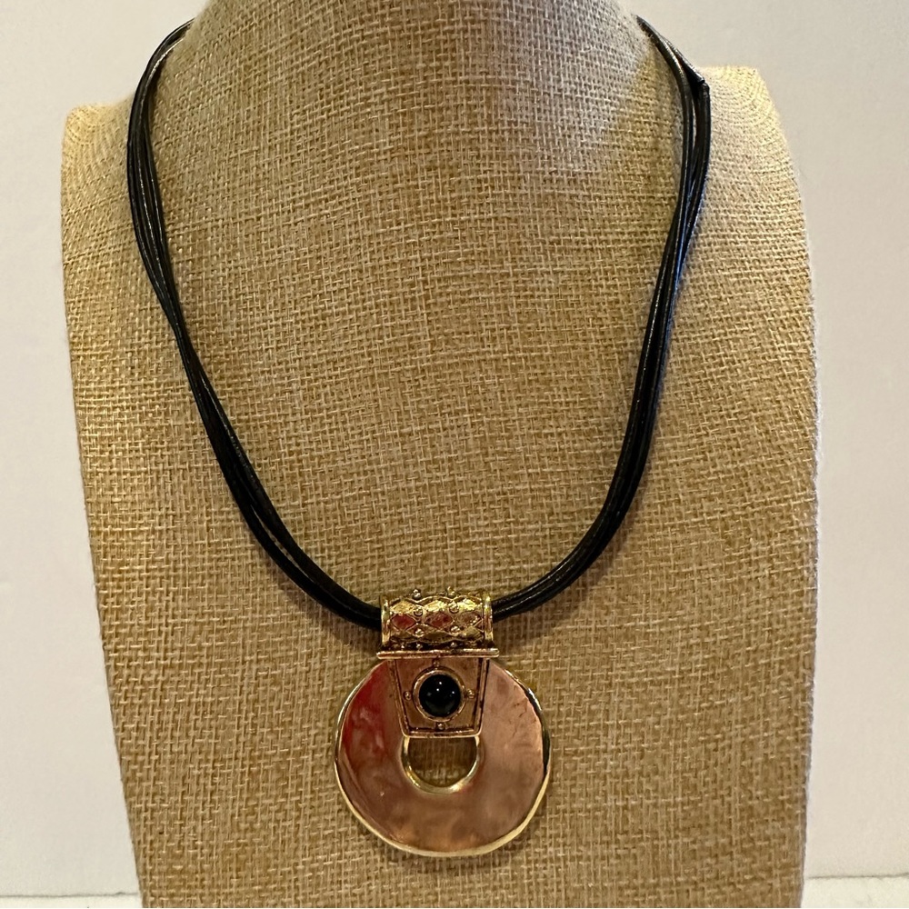 Chico’s Necklace black leather chain w/ round gold pendant w/ black bead center - Picture 3 of 11
